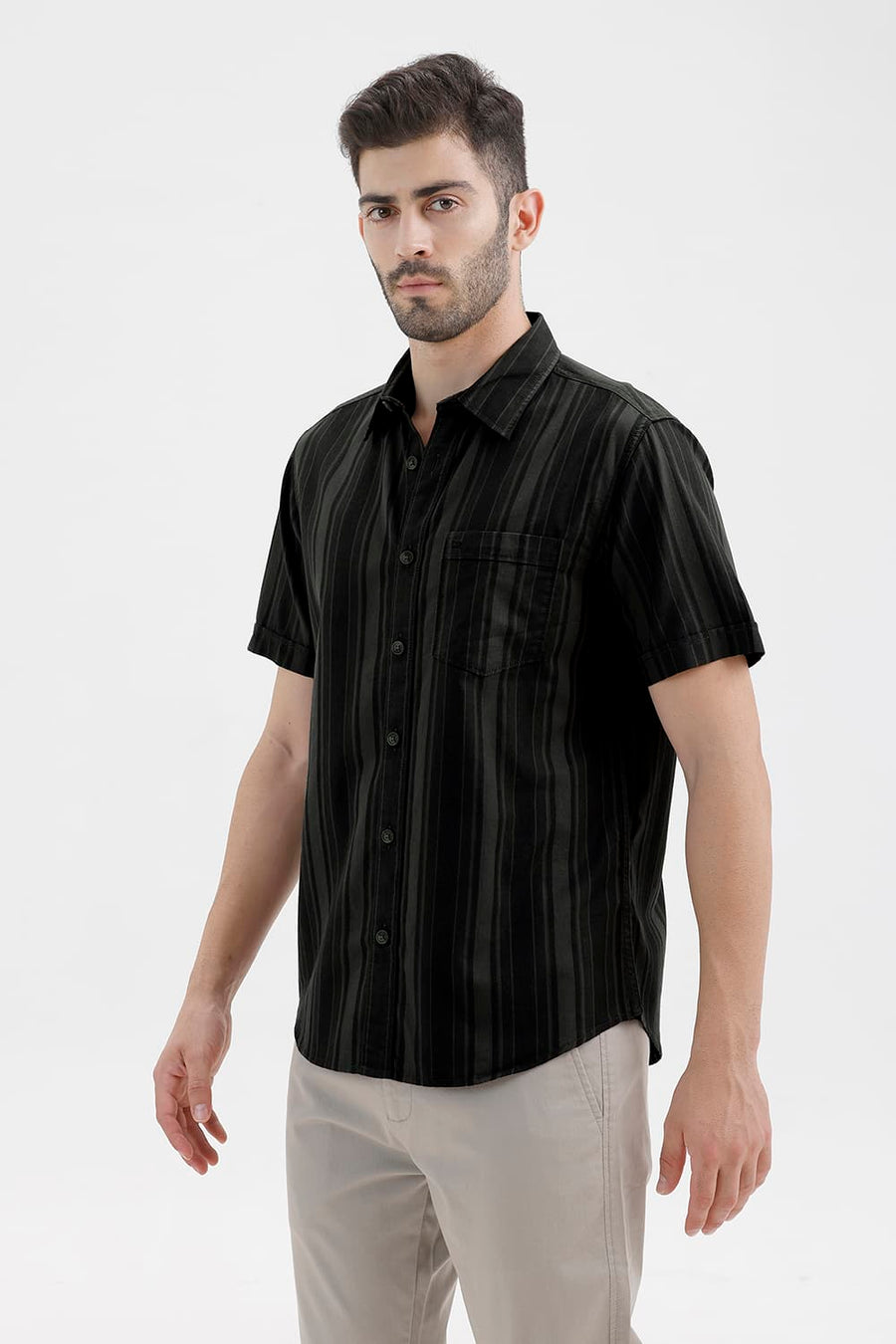 BASICS SLIM FIT BELUGA GREEN COTTON HERRING BONE STRIPE HALFSLEEVES SHIRT