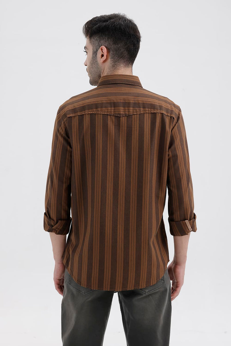 BASICS SLIM FIT DACHSHUND BROWN COTTON HERRING BONE STRIPE SHIRT
