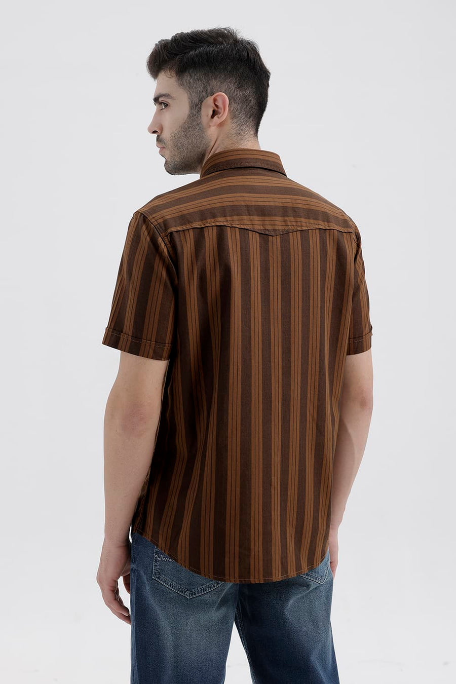 BASICS SLIM FIT DACHSHUND BROWN COTTON HERRING BONE STRIPE HALFSLEEVES SHIRT