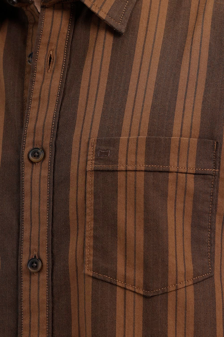 BASICS SLIM FIT DACHSHUND BROWN COTTON HERRING BONE STRIPE SHIRT