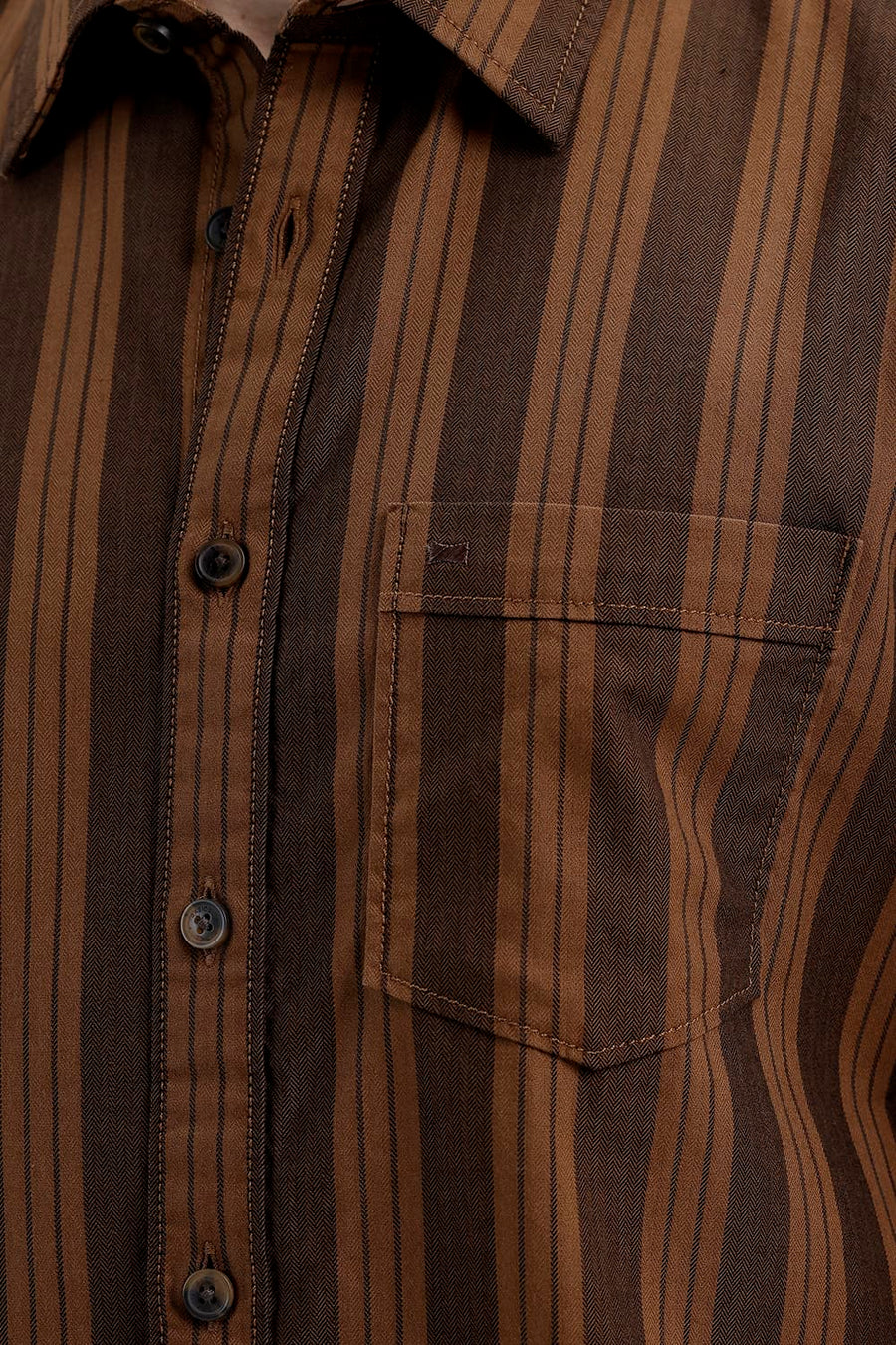 BASICS SLIM FIT DACHSHUND BROWN COTTON HERRING BONE STRIPE HALFSLEEVES SHIRT