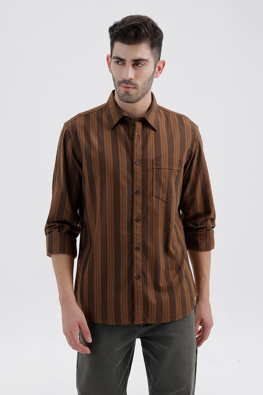 BASICS SLIM FIT DACHSHUND BROWN COTTON HERRING BONE STRIPE SHIRT