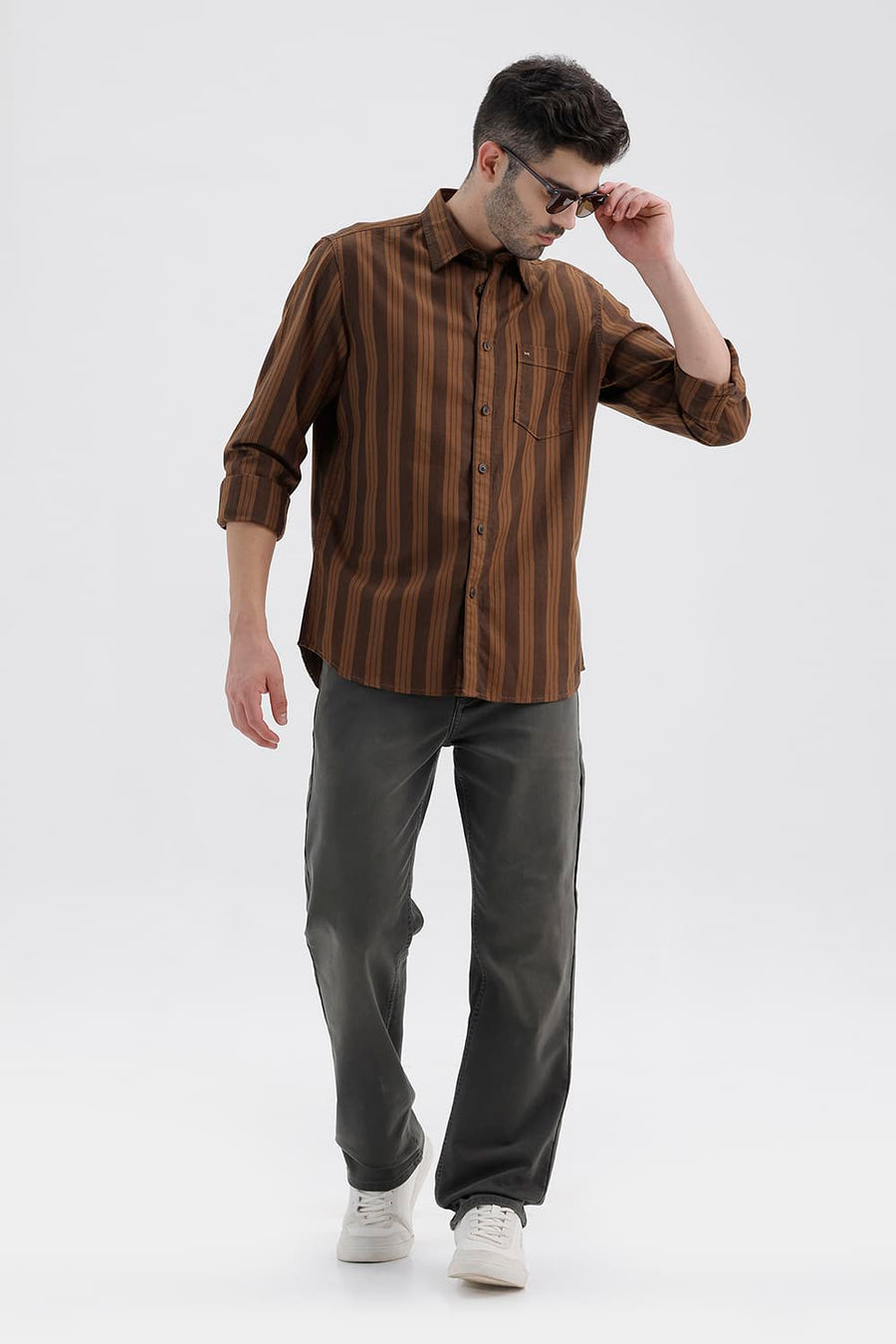 BASICS SLIM FIT DACHSHUND BROWN COTTON HERRING BONE STRIPE SHIRT