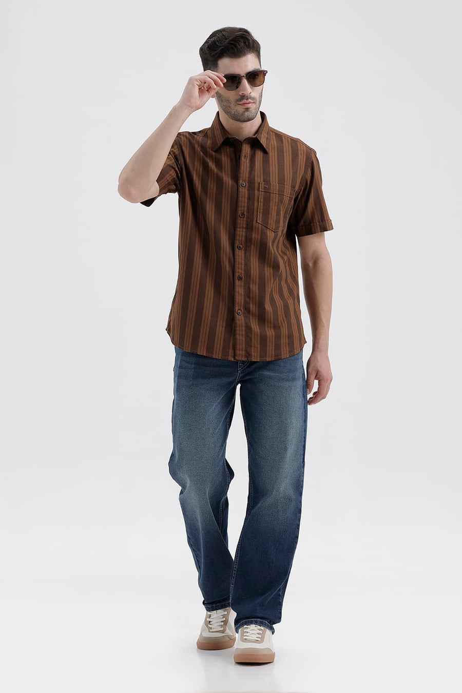 BASICS SLIM FIT DACHSHUND BROWN COTTON HERRING BONE STRIPE HALFSLEEVES SHIRT
