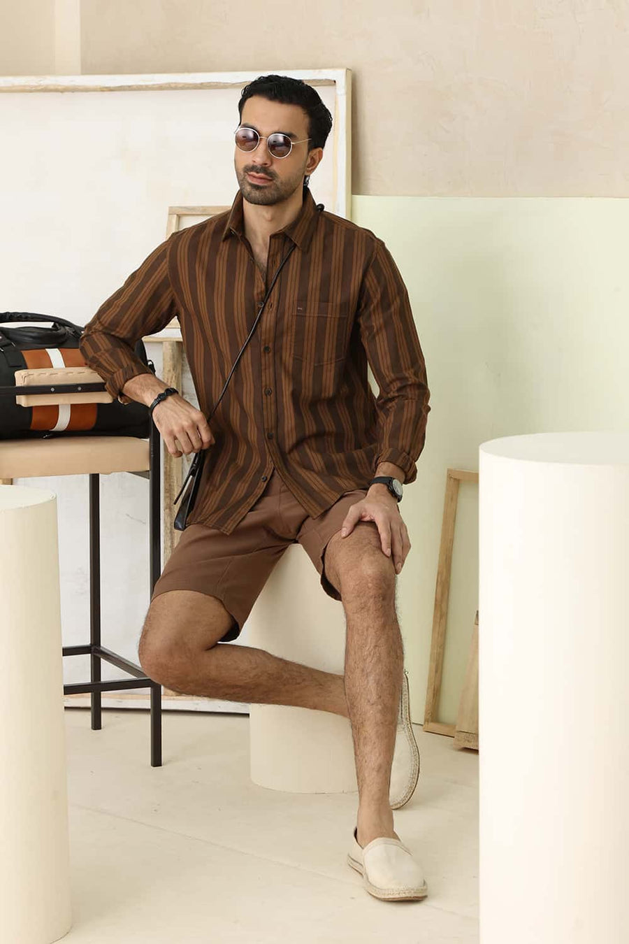 Basics Slim Fit Dachshund Brown Cotton Herring Bone Stripe Shirt