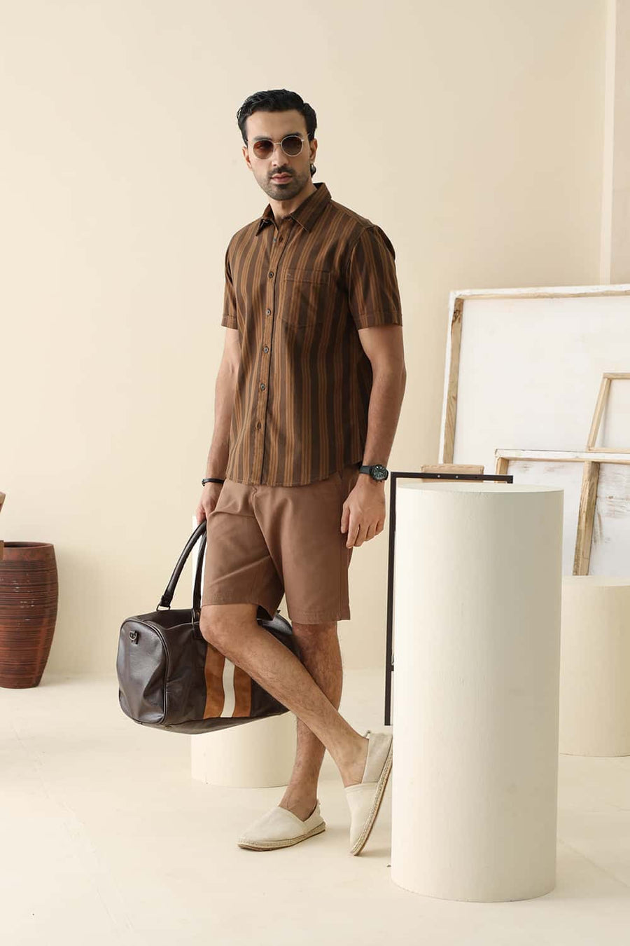 Basics Slim Fit Dachshund Brown Cotton Herring Bone Stripe Halfsleeves Shirt