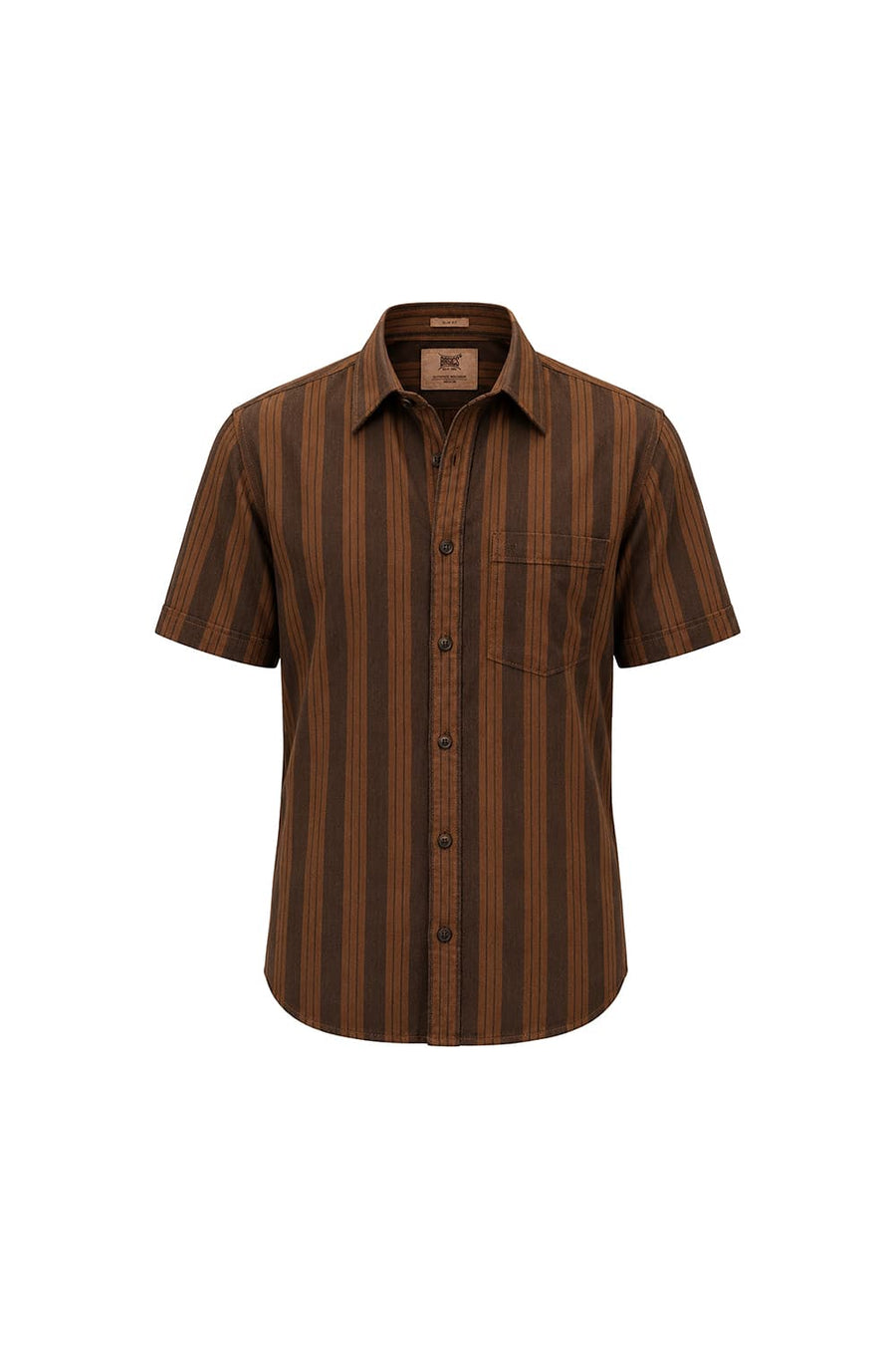 BASICS SLIM FIT DACHSHUND BROWN COTTON HERRING BONE STRIPE HALFSLEEVES SHIRT