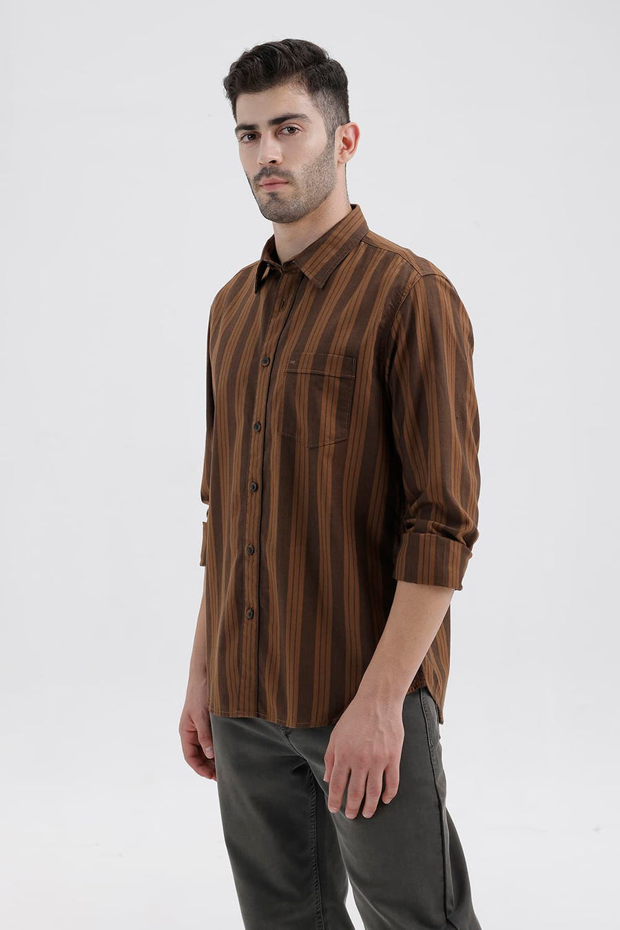BASICS SLIM FIT DACHSHUND BROWN COTTON HERRING BONE STRIPE SHIRT