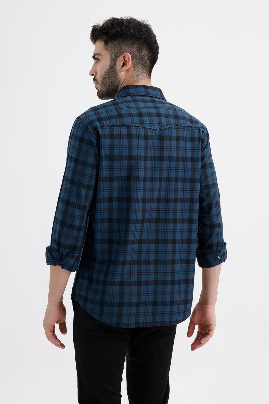 BASICS SLIM FIT LEGION NAVY COTTON HERRING BONE CHECKS SHIRT