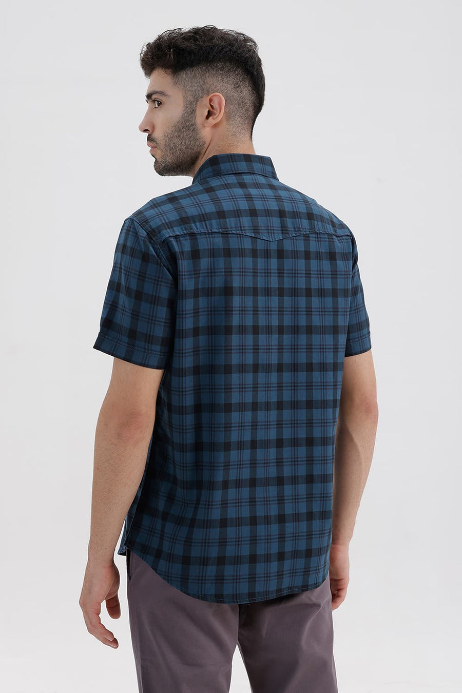 BASICS SLIM FIT LEGION NAVY COTTON HERRING BONE CHECKS HALFSLEEVES SHIRT