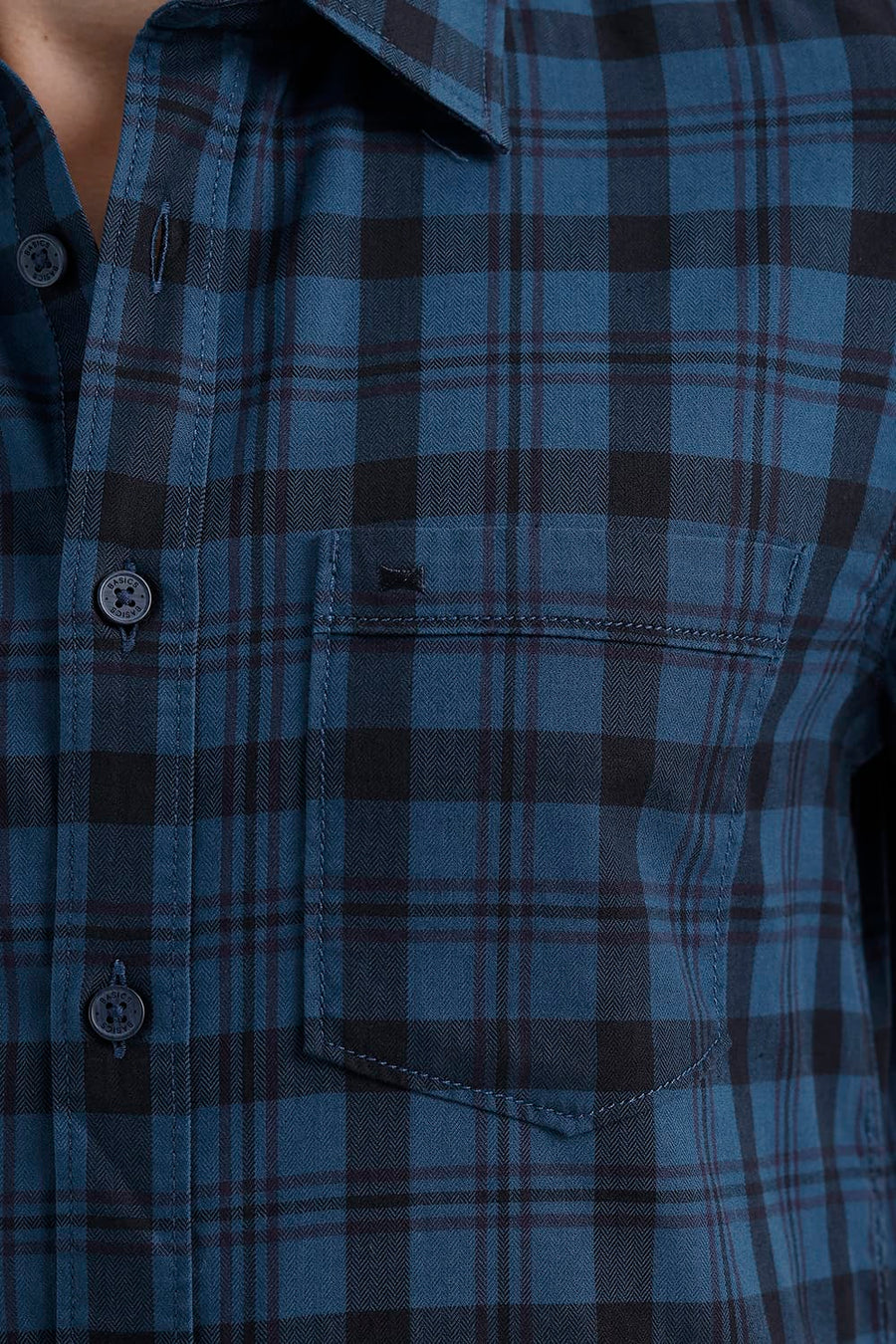 BASICS SLIM FIT LEGION NAVY COTTON HERRING BONE CHECKS SHIRT