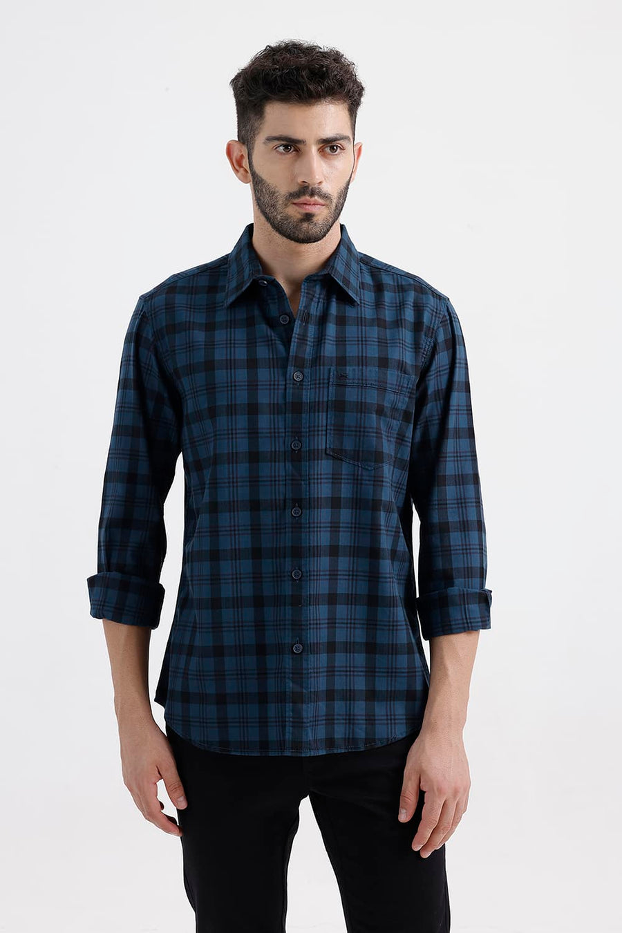 BASICS SLIM FIT LEGION NAVY COTTON HERRING BONE CHECKS SHIRT