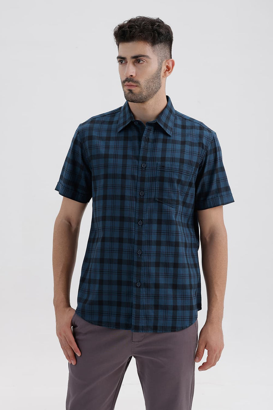 BASICS SLIM FIT LEGION NAVY COTTON HERRING BONE CHECKS HALFSLEEVES SHIRT