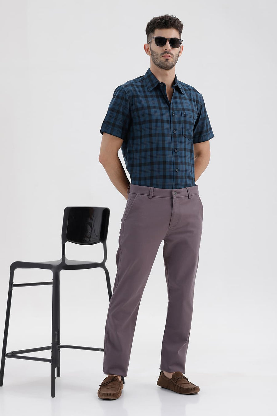 BASICS SLIM FIT LEGION NAVY COTTON HERRING BONE CHECKS HALFSLEEVES SHIRT