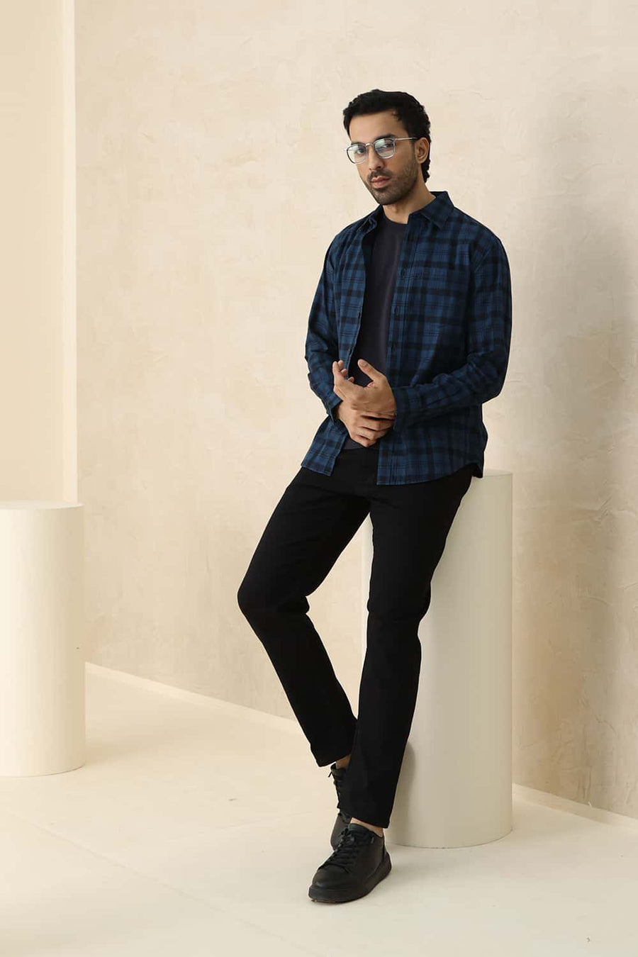 Basics Slim Fit Legion Navy Cotton Herring Bone Checks Shirt
