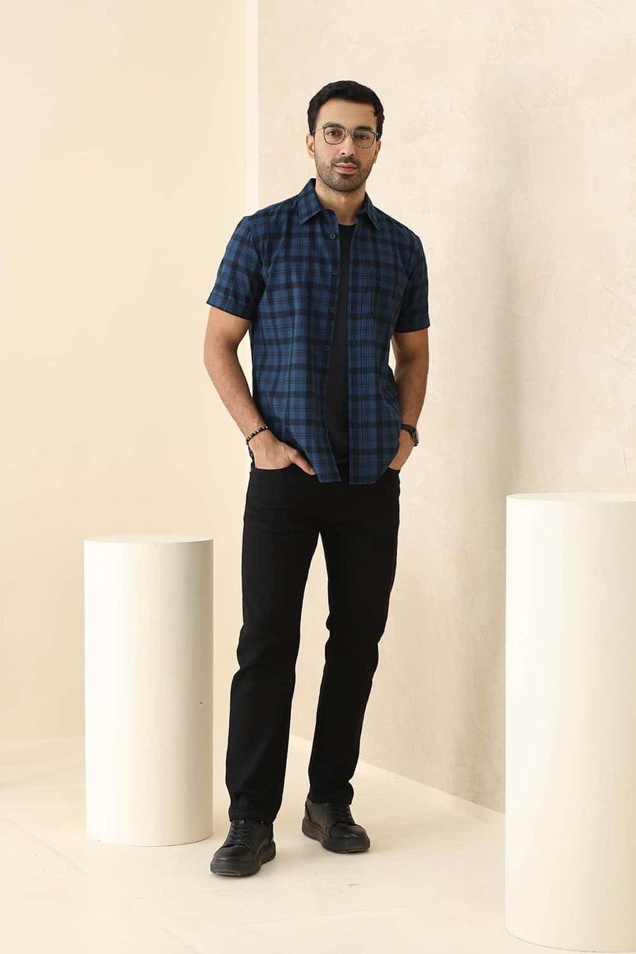 Basics Slim Fit Legion Navy Cotton Herring Bone Checks Halfsleeves Shirt