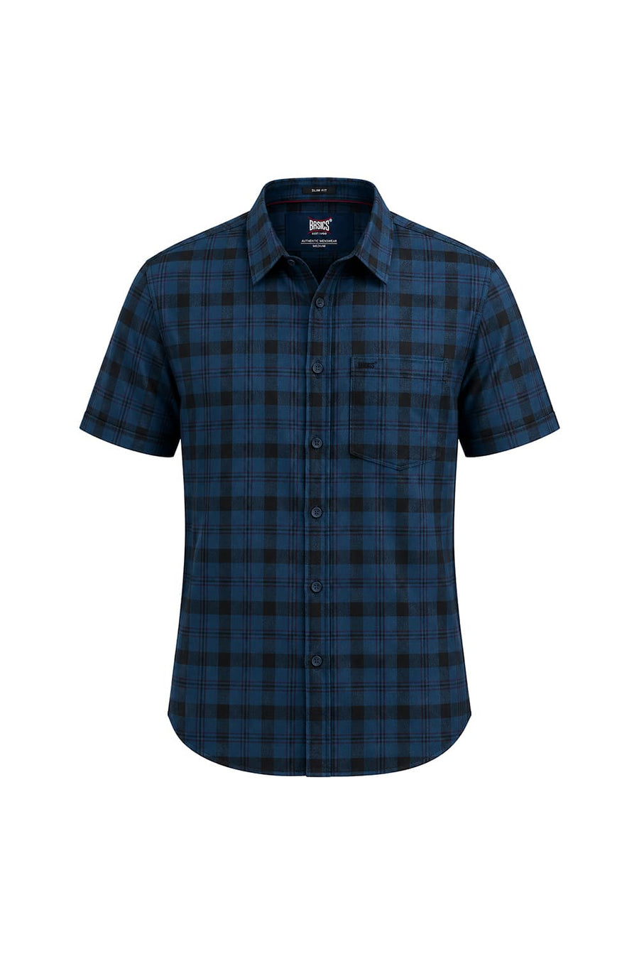 BASICS SLIM FIT LEGION NAVY COTTON HERRING BONE CHECKS HALFSLEEVES SHIRT