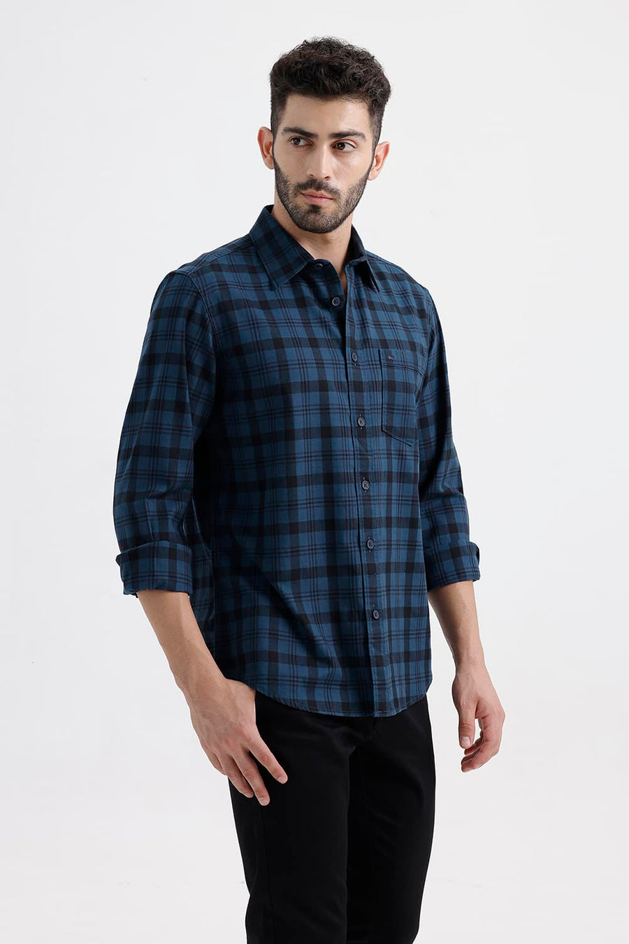 BASICS SLIM FIT LEGION NAVY COTTON HERRING BONE CHECKS SHIRT