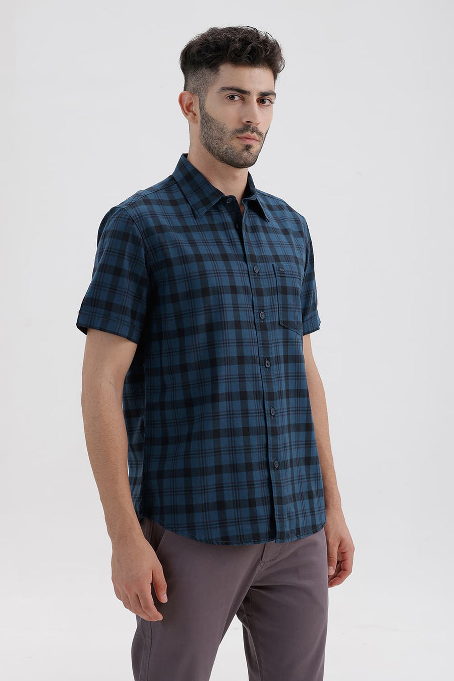 BASICS SLIM FIT LEGION NAVY COTTON HERRING BONE CHECKS HALFSLEEVES SHIRT