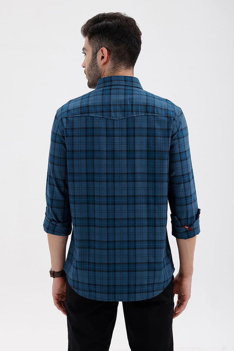 BASICS SLIM FIT MOROCCAN BLUE COTTON HERRING BONE CHECKS SHIRT