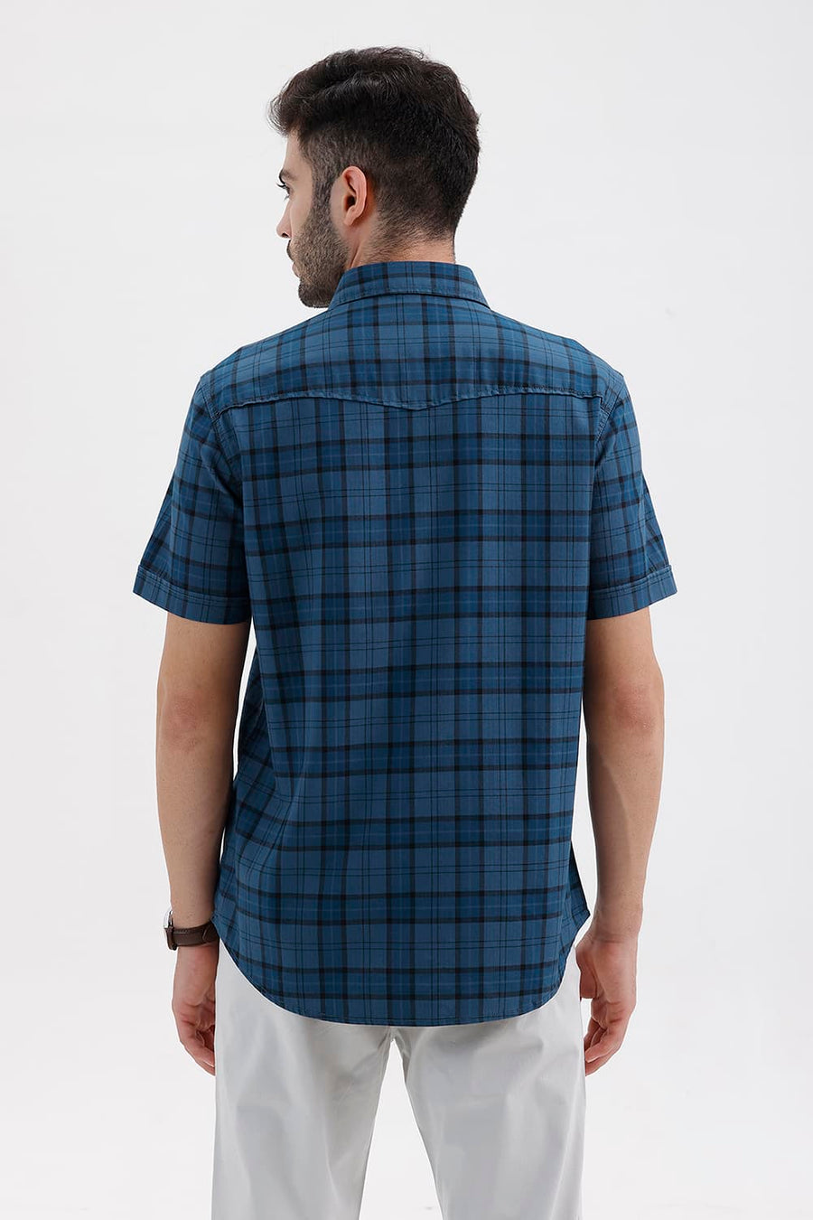 BASICS SLIM FIT MOROCCAN BLUE COTTON HERRING BONE CHECKS HALFSLEEVES SHIRT