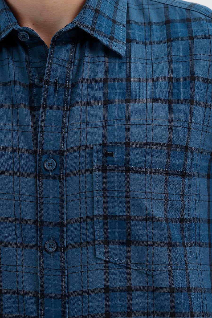 BASICS SLIM FIT MOROCCAN BLUE COTTON HERRING BONE CHECKS SHIRT