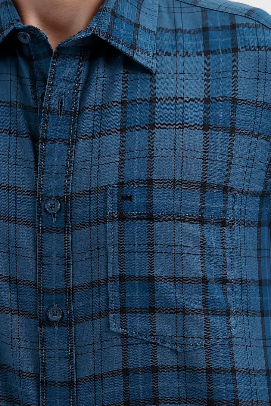 BASICS SLIM FIT MOROCCAN BLUE COTTON HERRING BONE CHECKS HALFSLEEVES SHIRT