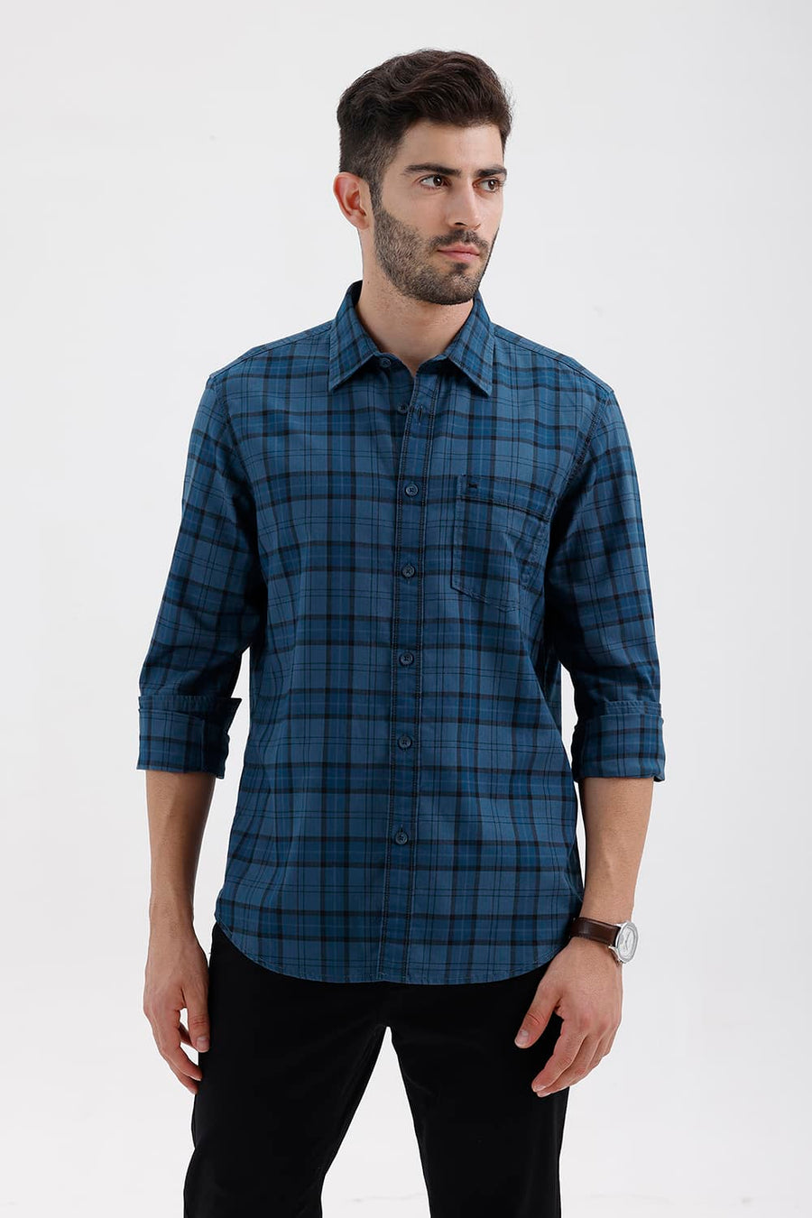 BASICS SLIM FIT MOROCCAN BLUE COTTON HERRING BONE CHECKS SHIRT