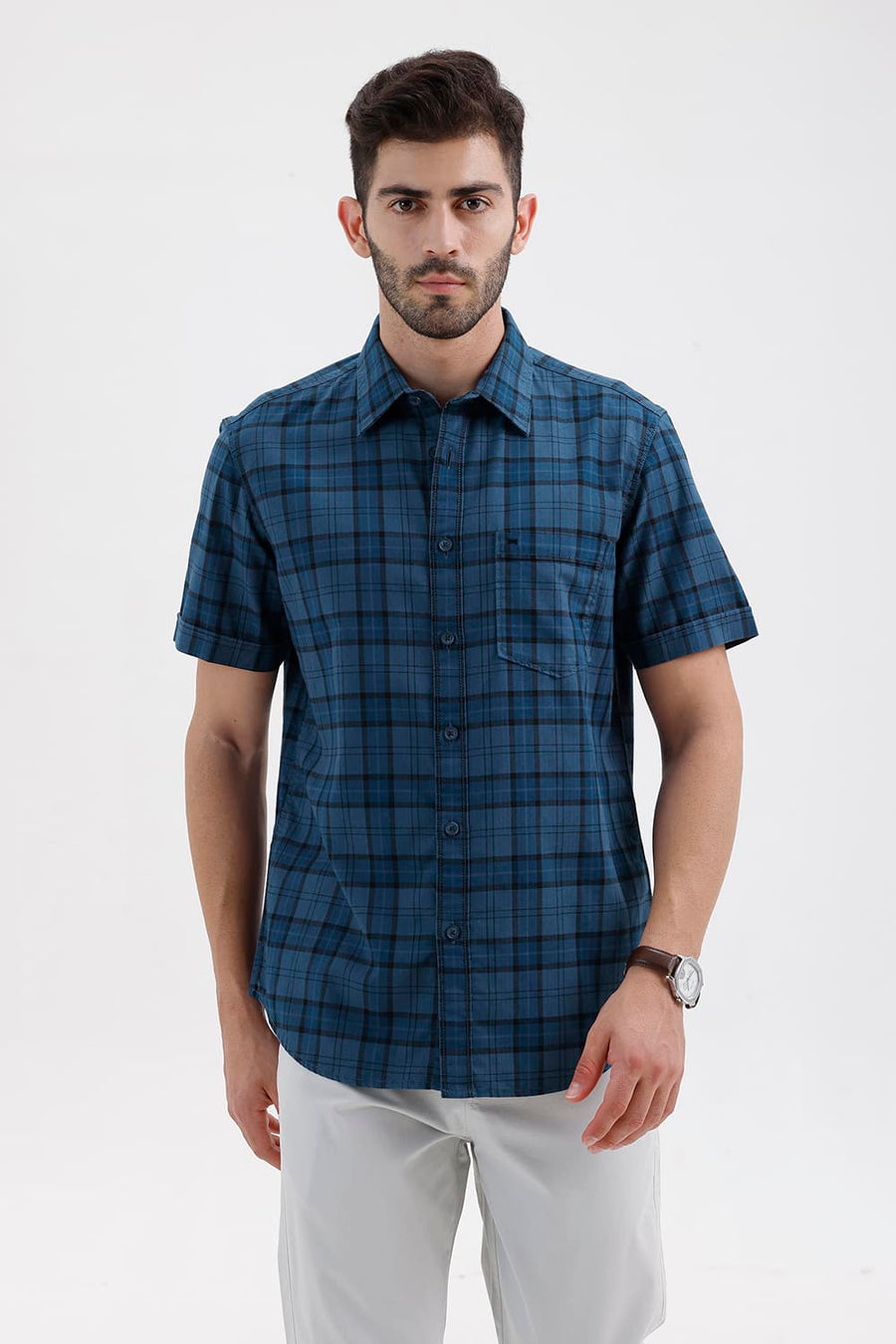 BASICS SLIM FIT MOROCCAN BLUE COTTON HERRING BONE CHECKS HALFSLEEVES SHIRT