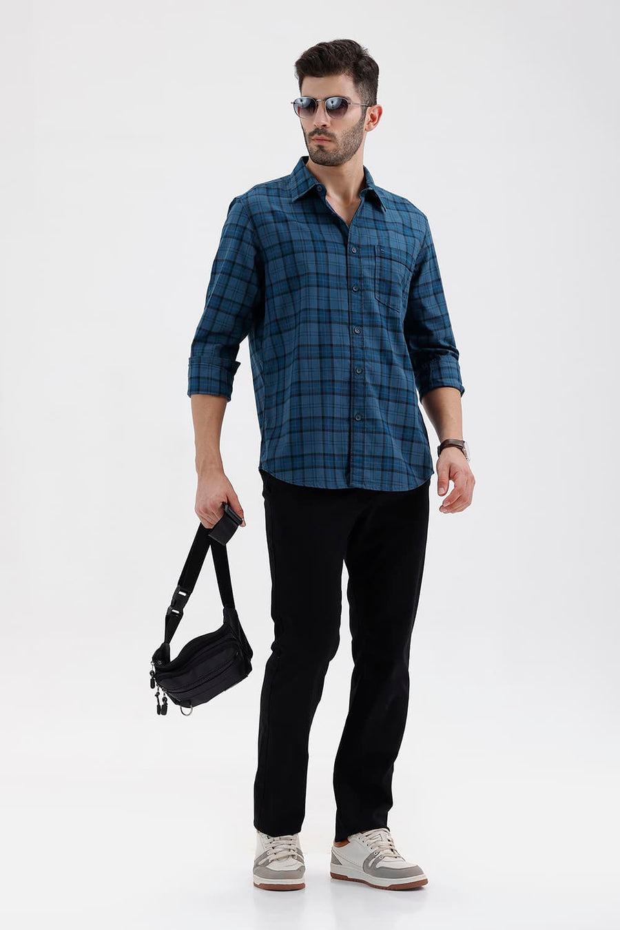 BASICS SLIM FIT MOROCCAN BLUE COTTON HERRING BONE CHECKS SHIRT