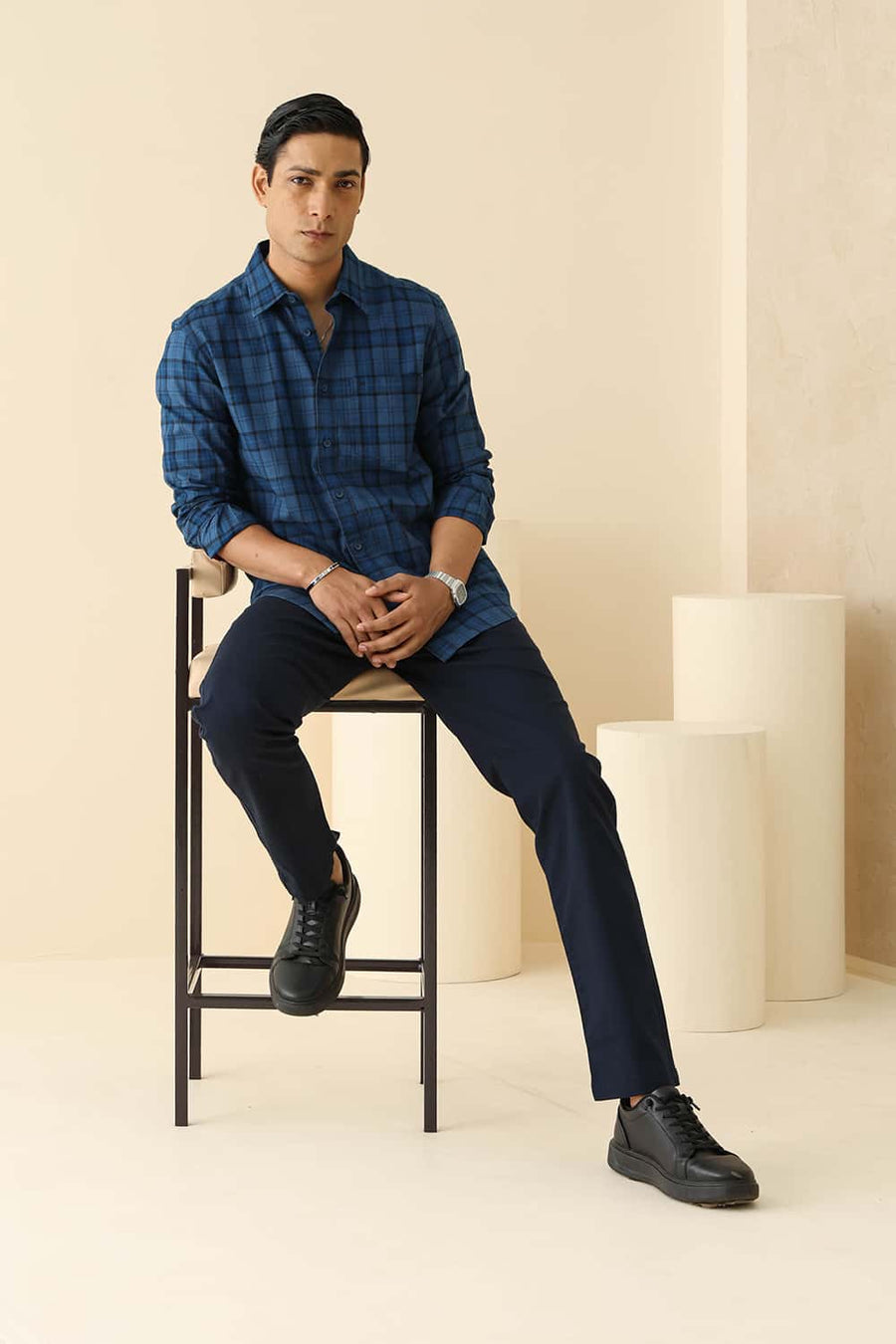 Basics Slim Fit Moroccan Blue Cotton Herring Bone Checks Shirt