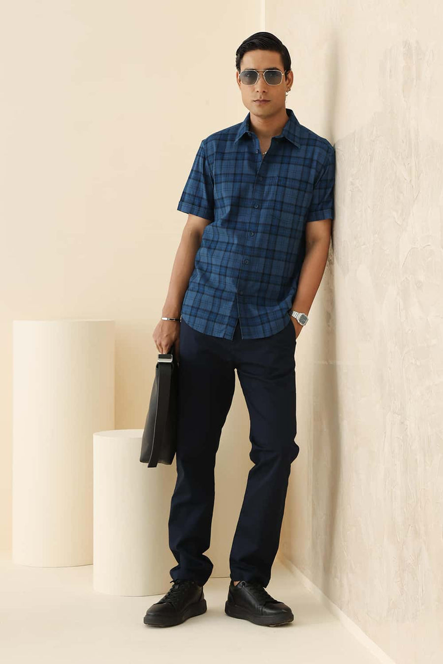 Basics Slim Fit Moroccan Blue Cotton Herring Bone Checks Halfsleeves Shirt