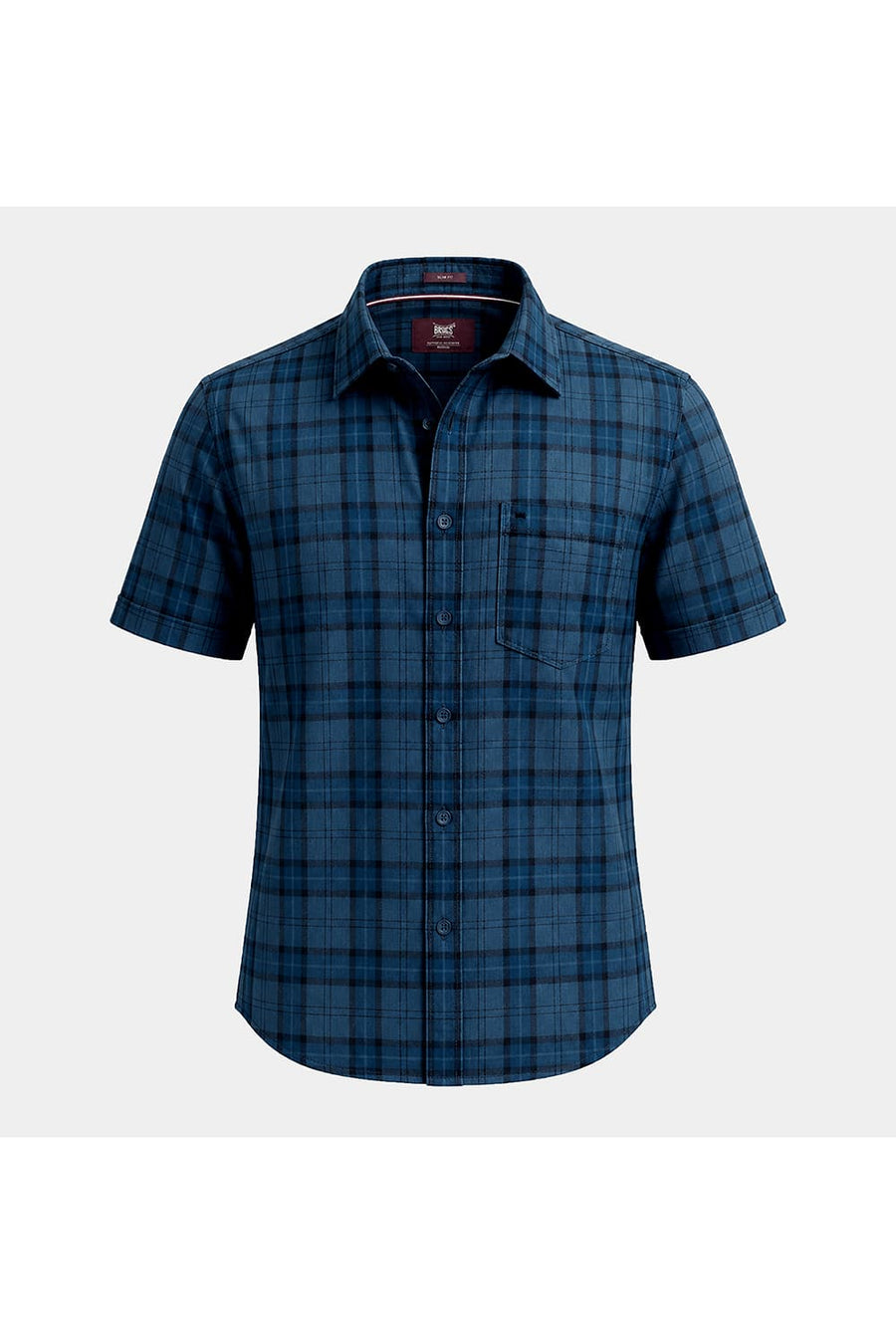 BASICS SLIM FIT MOROCCAN BLUE COTTON HERRING BONE CHECKS HALFSLEEVES SHIRT