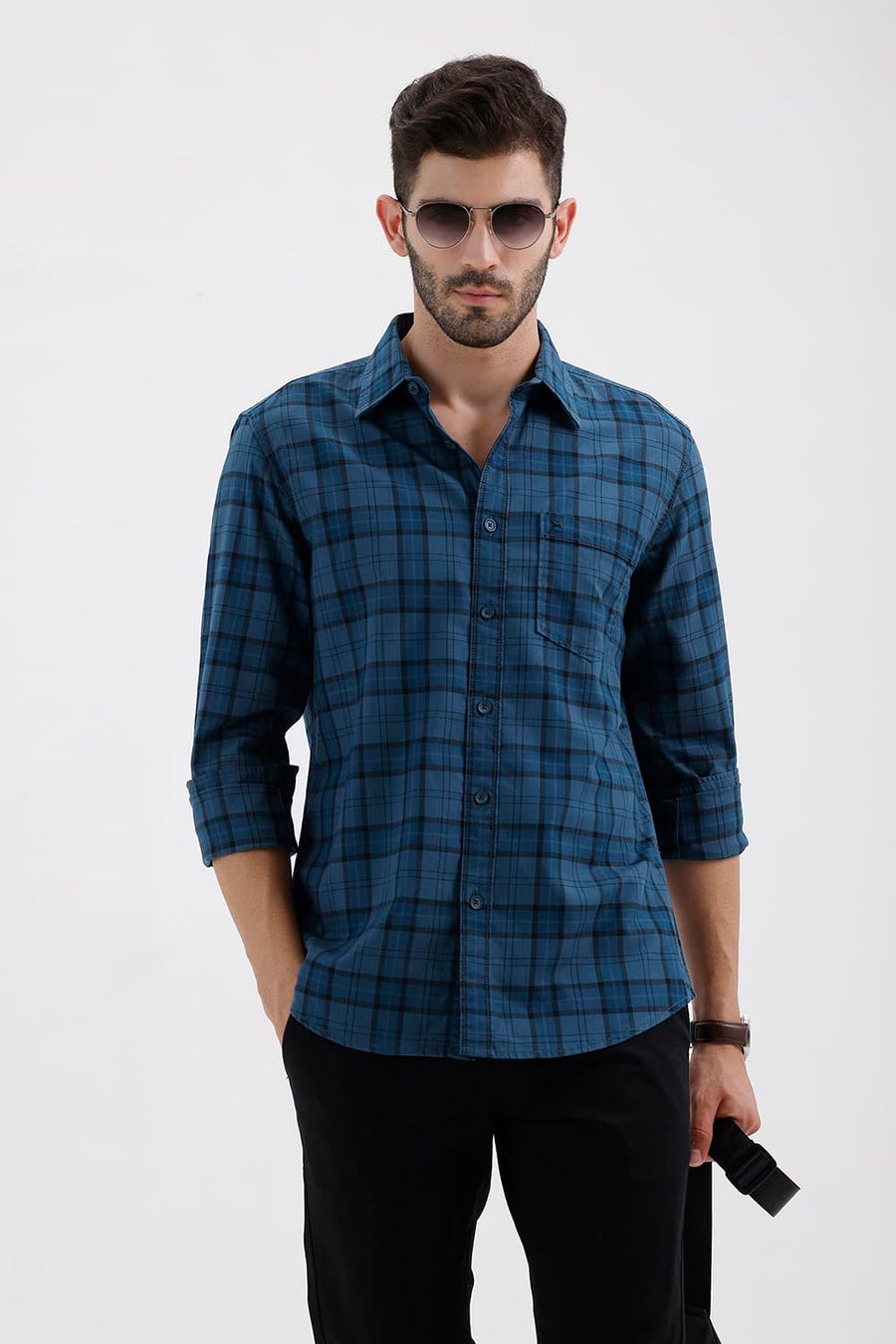 BASICS SLIM FIT MOROCCAN BLUE COTTON HERRING BONE CHECKS SHIRT