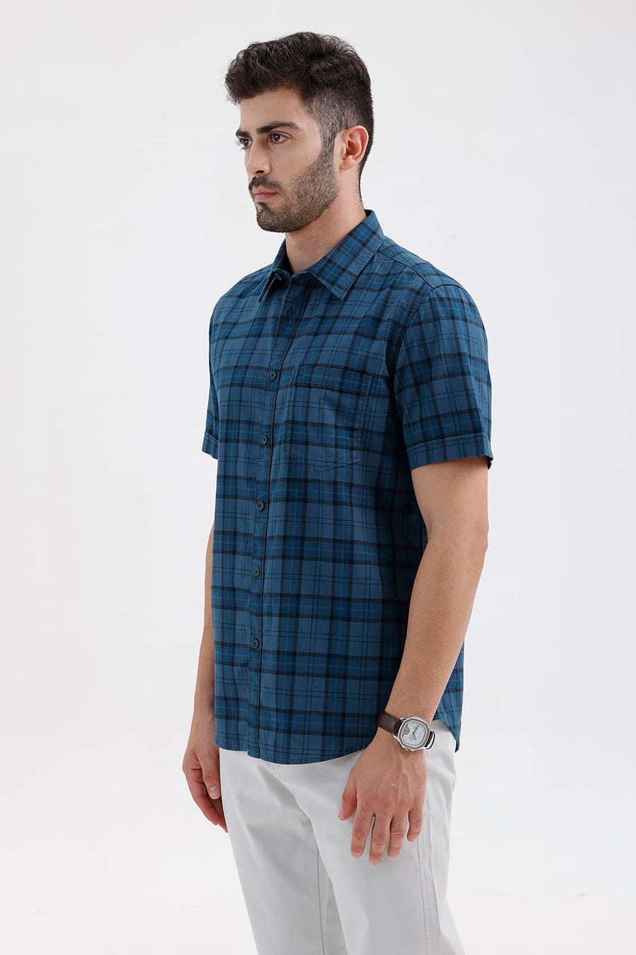 BASICS SLIM FIT MOROCCAN BLUE COTTON HERRING BONE CHECKS HALFSLEEVES SHIRT