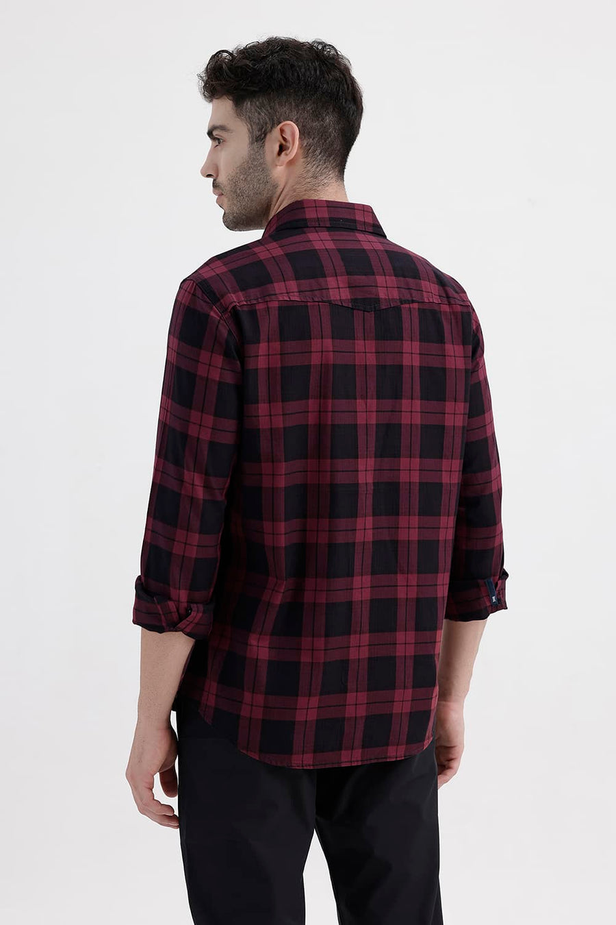 BASICS SLIM FIT RUMBA MAROON COTTON HERRING BONE CHECKS SHIRT