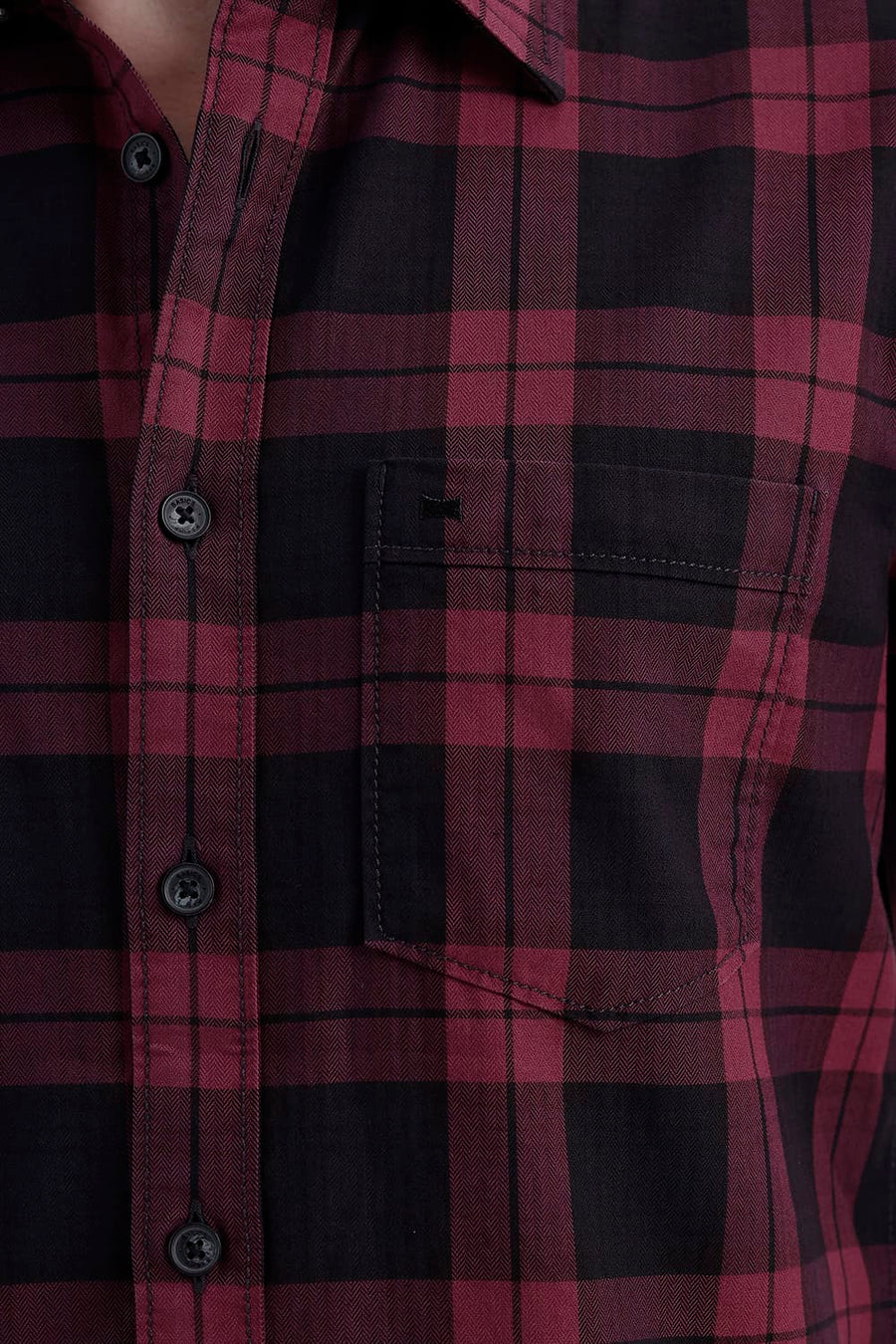 BASICS SLIM FIT RUMBA MAROON COTTON HERRING BONE CHECKS SHIRT
