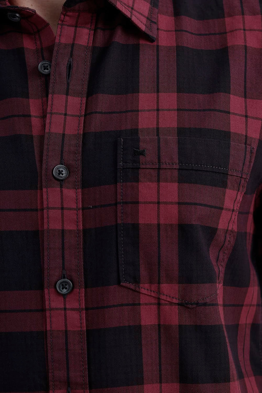 BASICS SLIM FIT RUMBA MAROON COTTON HERRING BONE CHECKS HALFSLEEVES SHIRT