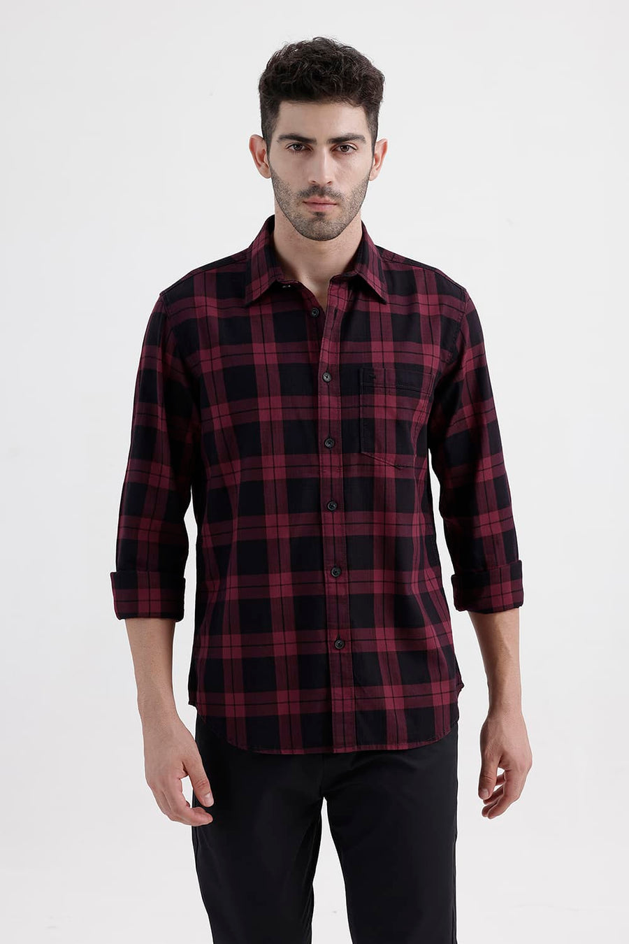 BASICS SLIM FIT RUMBA MAROON COTTON HERRING BONE CHECKS SHIRT