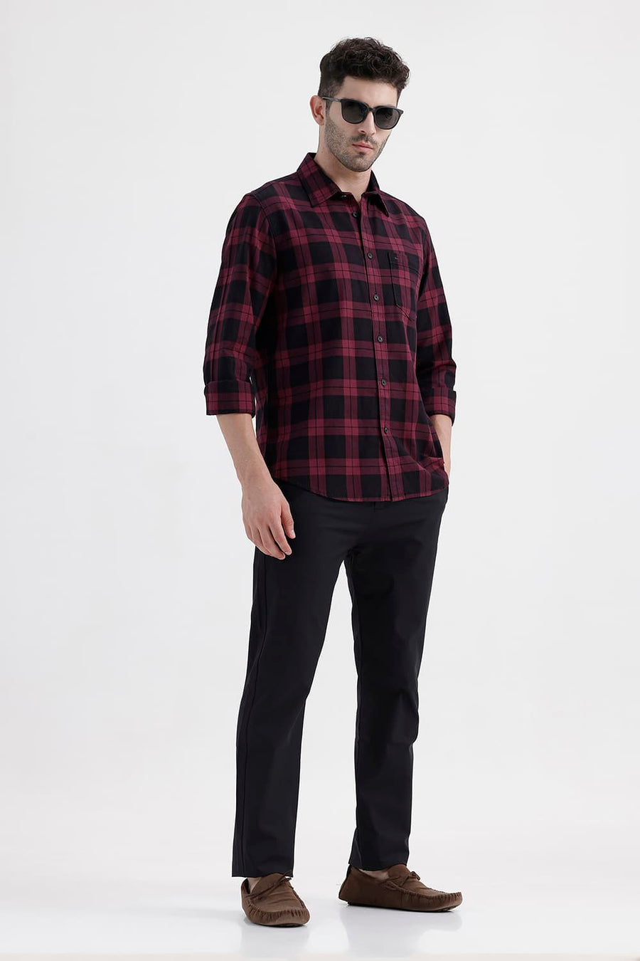 BASICS SLIM FIT RUMBA MAROON COTTON HERRING BONE CHECKS SHIRT