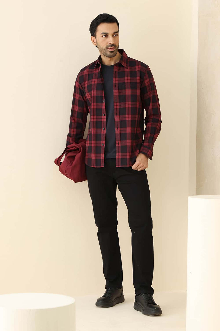 Basics Slim Fit Rumba Maroon Cotton Herring Bone Checks Shirt