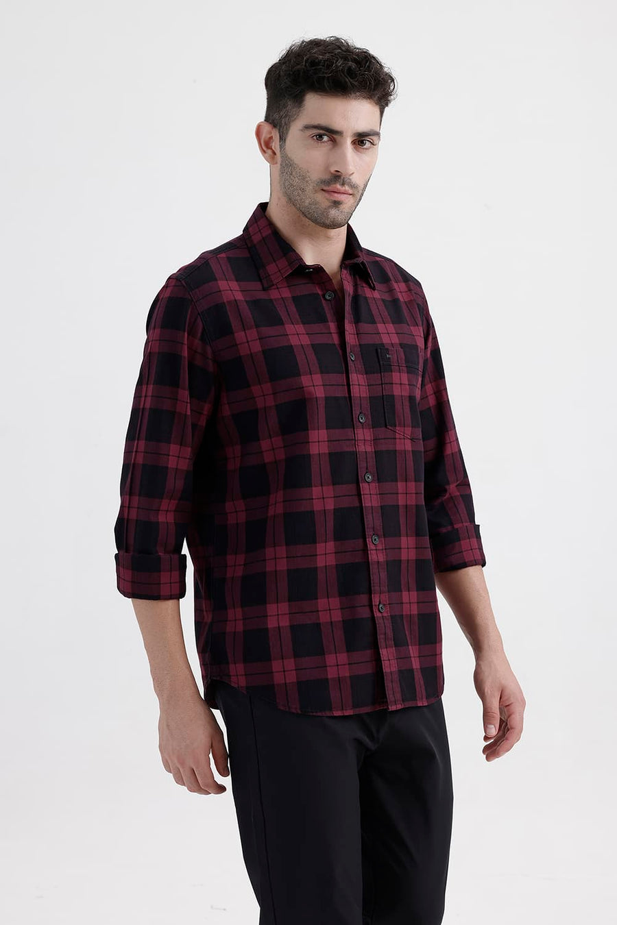 BASICS SLIM FIT RUMBA MAROON COTTON HERRING BONE CHECKS SHIRT