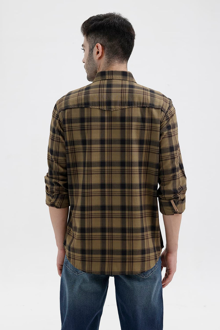 BASICS SLIM FIT KELP KHAKI COTTON HERRING BONE CHECKS SHIRT