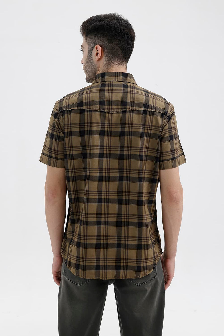 BASICS SLIM FIT KELP KHAKI COTTON HERRING BONE CHECKS HALFSLEEVES SHIRT