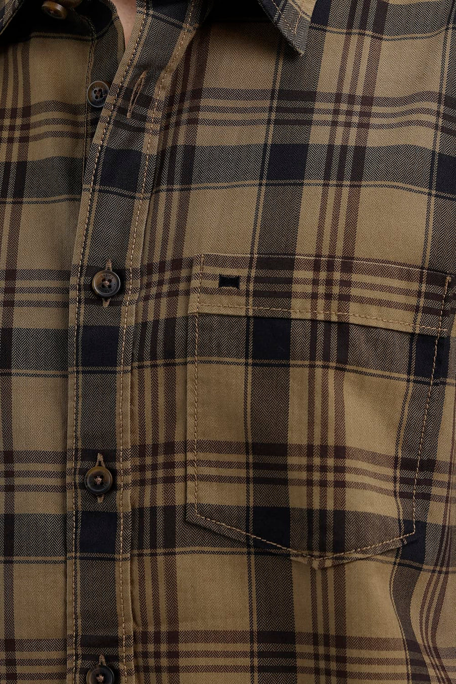 BASICS SLIM FIT KELP KHAKI COTTON HERRING BONE CHECKS HALFSLEEVES SHIRT