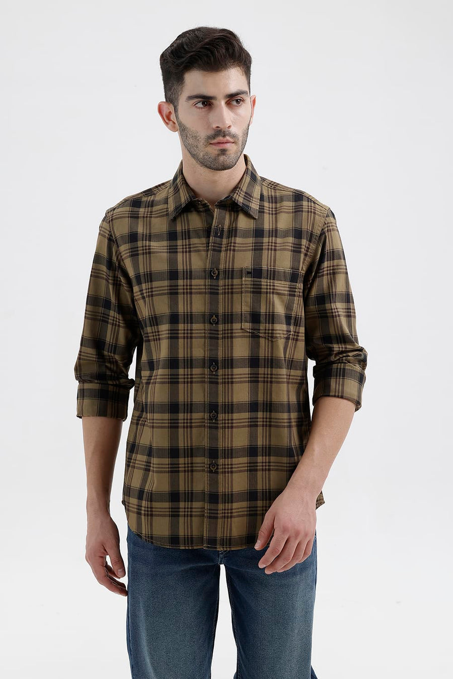 BASICS SLIM FIT KELP KHAKI COTTON HERRING BONE CHECKS SHIRT