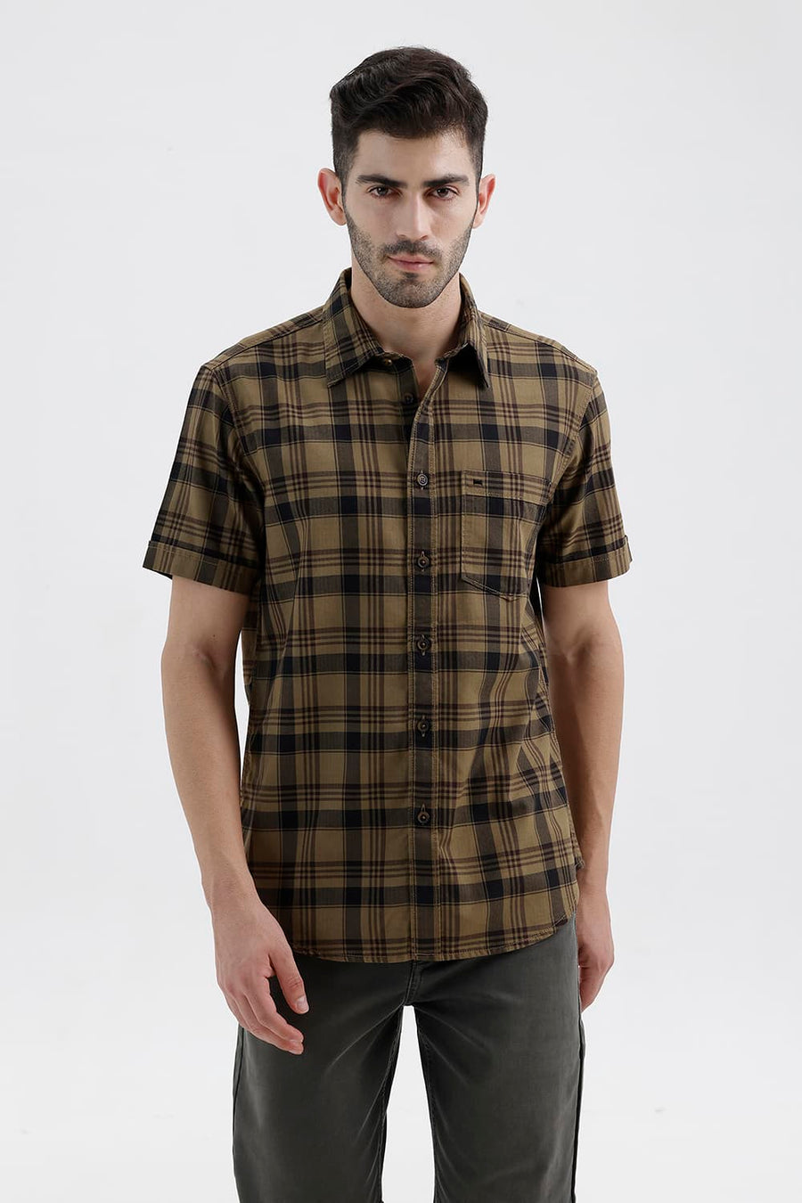 BASICS SLIM FIT KELP KHAKI COTTON HERRING BONE CHECKS HALFSLEEVES SHIRT