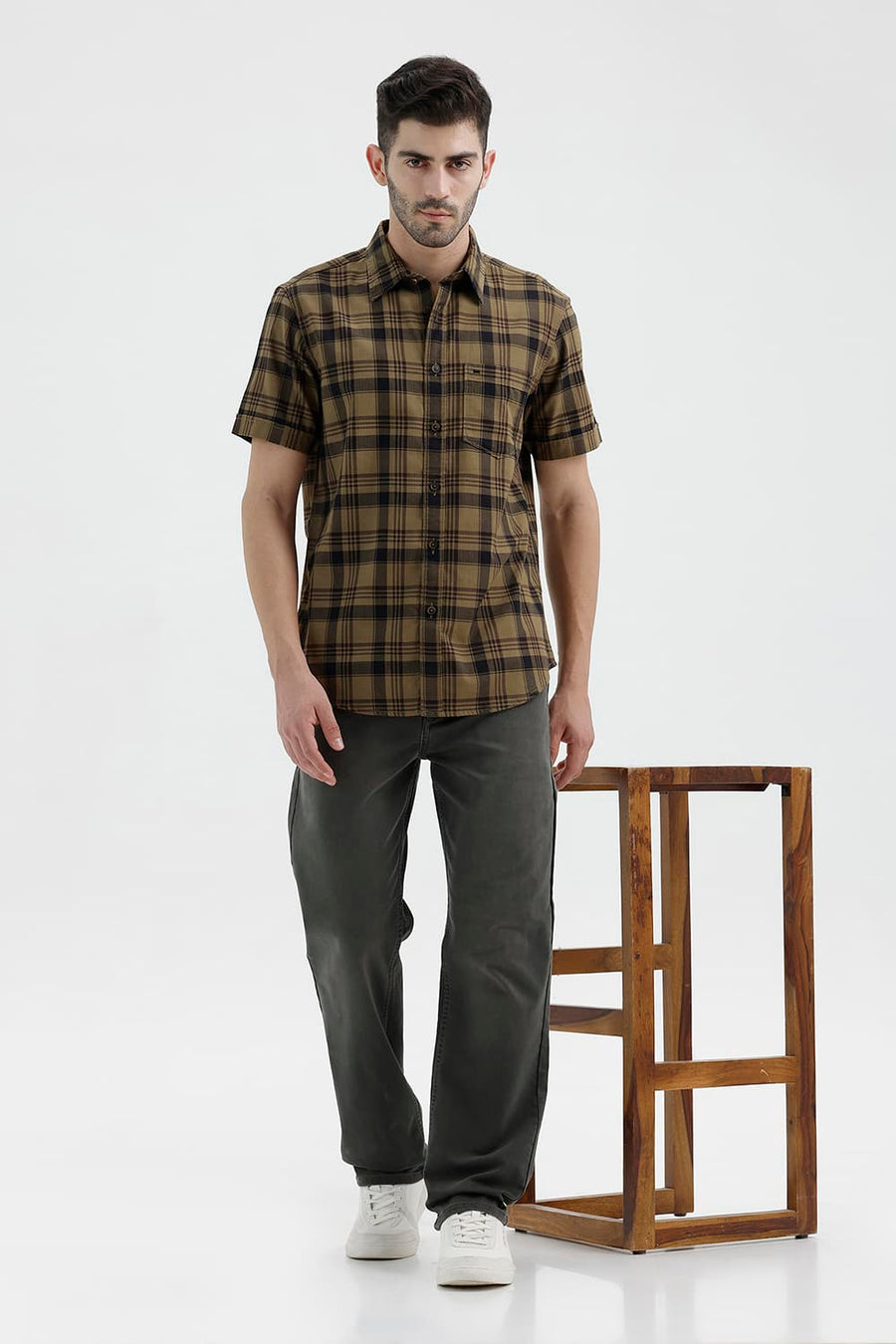 BASICS SLIM FIT KELP KHAKI COTTON HERRING BONE CHECKS HALFSLEEVES SHIRT