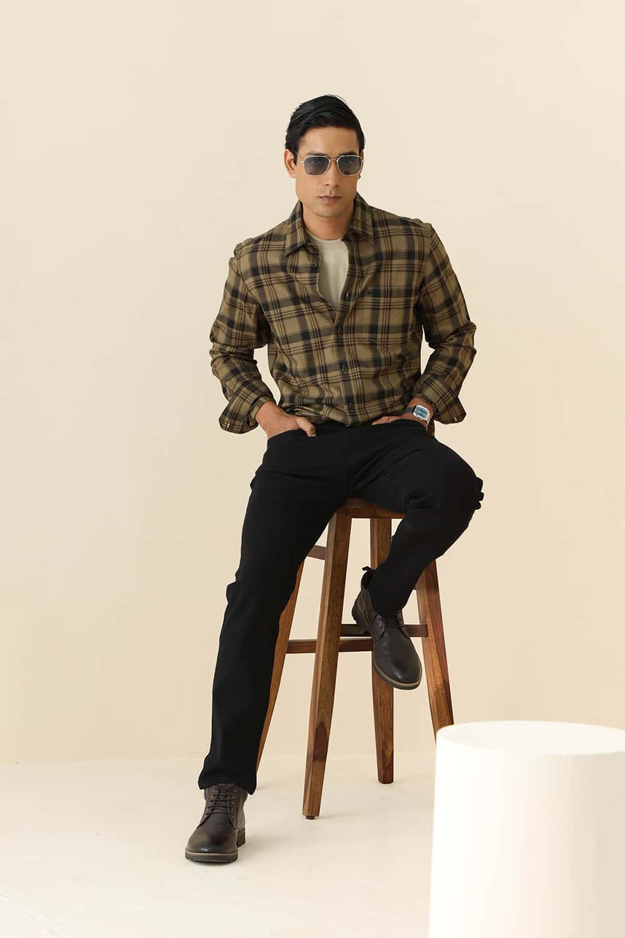 Basics Slim Fit Kelp Khaki Cotton Herring Bone Checks Shirt
