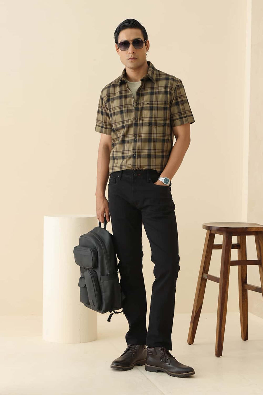 Basics Slim Fit Kelp Khaki Cotton Herring Bone Checks Halfsleeves Shirt